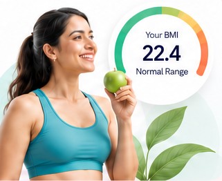 Woman holding an apple next to a BMI gauge