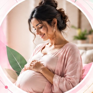 Pregnant woman smiling and holding her bump