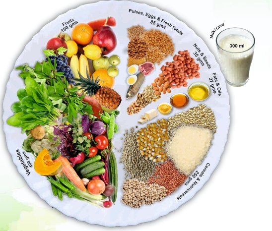 My Plate: vegetables, fruits, pulses, eggs and flesh foods, nuts and seeds, fats and oils, cereals and millets, and milk or curd