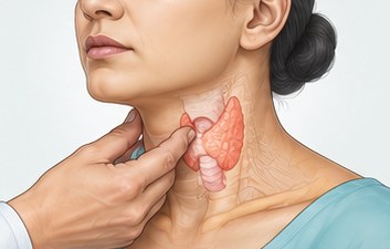 A health worker feeling a woman's neck for an enlarged thyroid gland